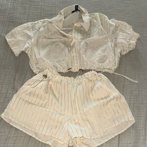 Forever 21 White Pinstripe Crop Shirt & Shorts Set